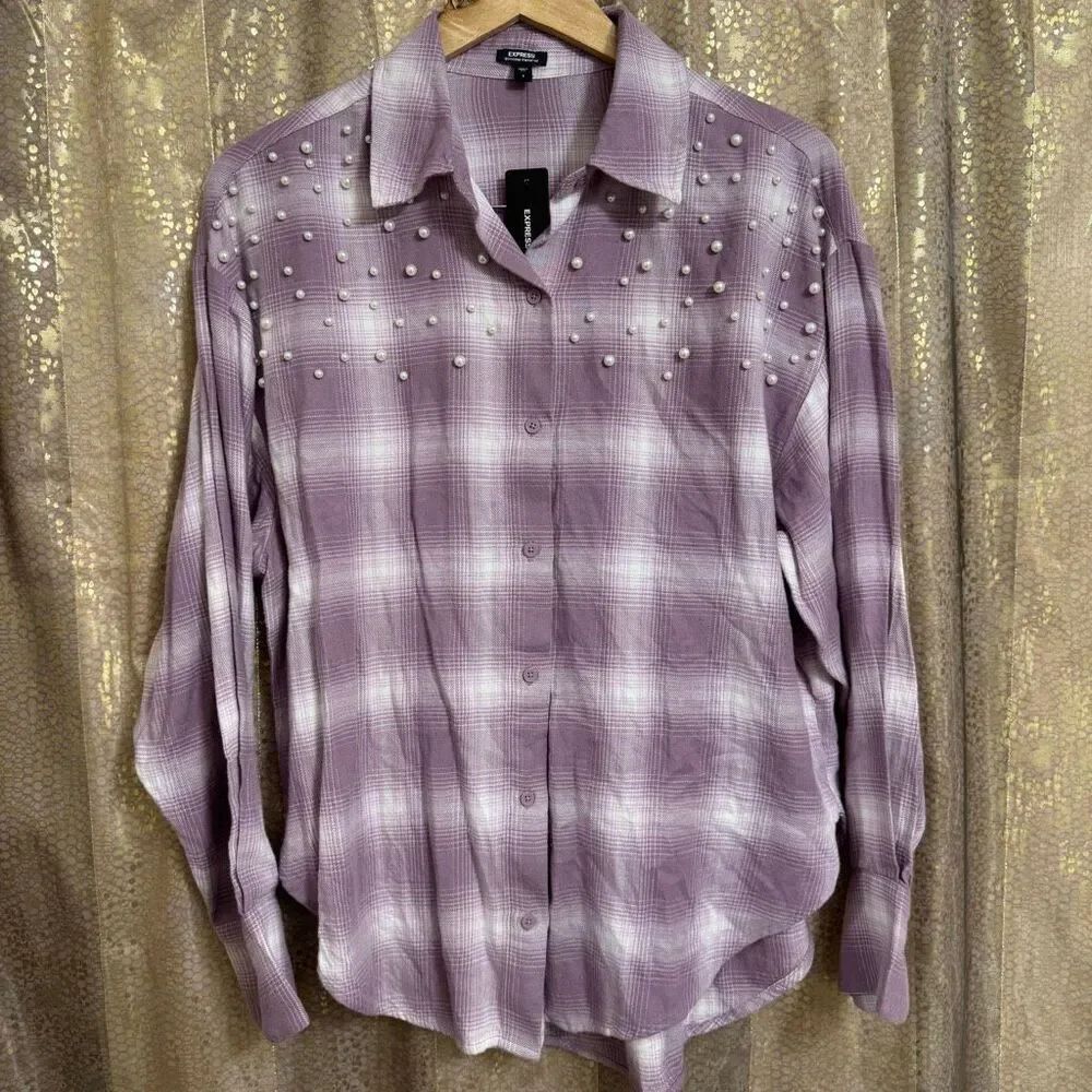 Express Lavender Pearl Plaid Portofino Button Down Flannel Top Small NWT